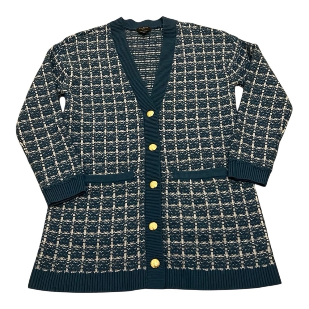 Talbots Gorgeous Teal Gray Woven Plaid Merino Wool Cardigan Pockets SP Small EUC